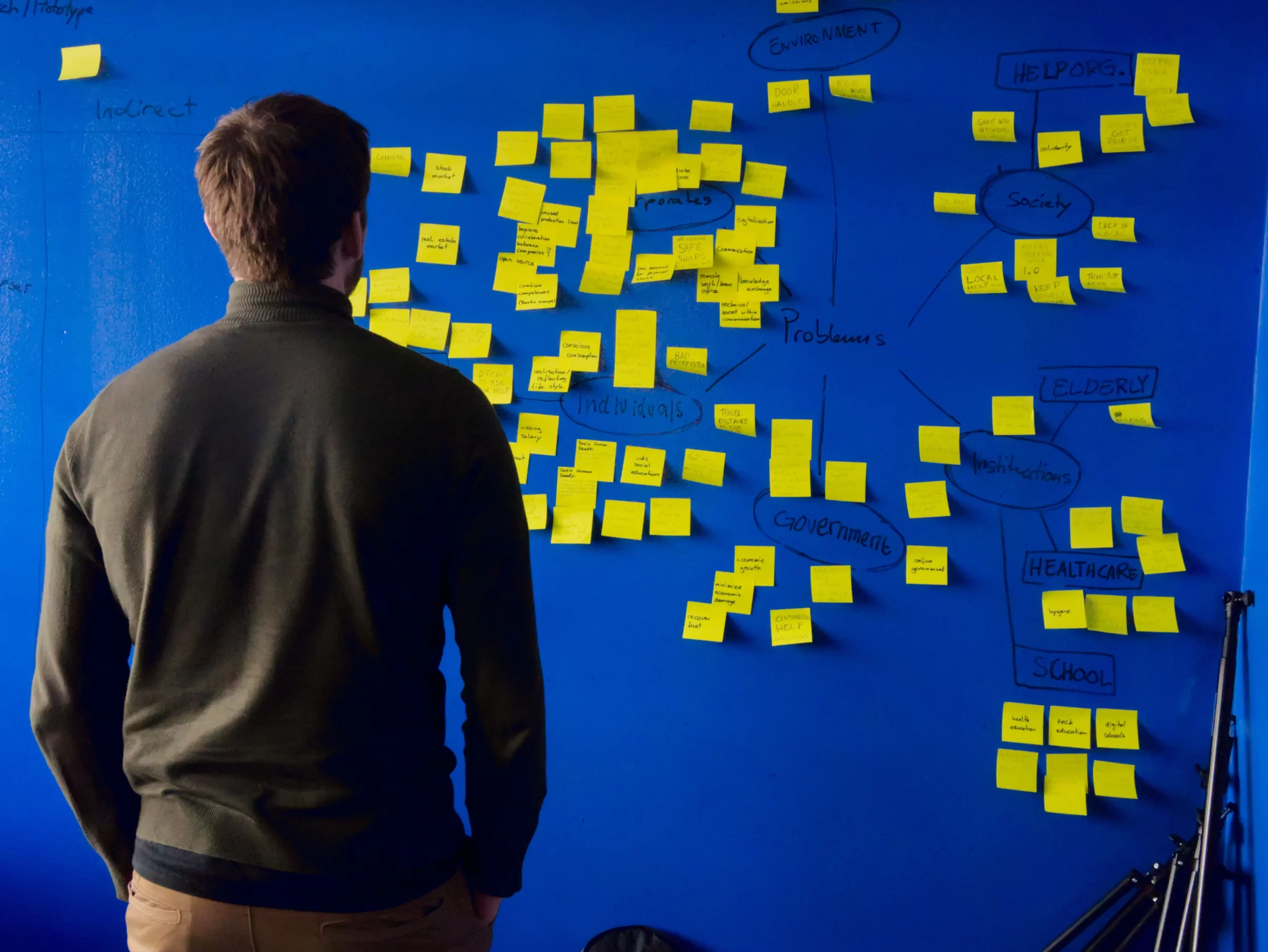 Man in gray long sleeve shirt standing in front of a blue wall covered in sticky notes. Photo: Per Lööv