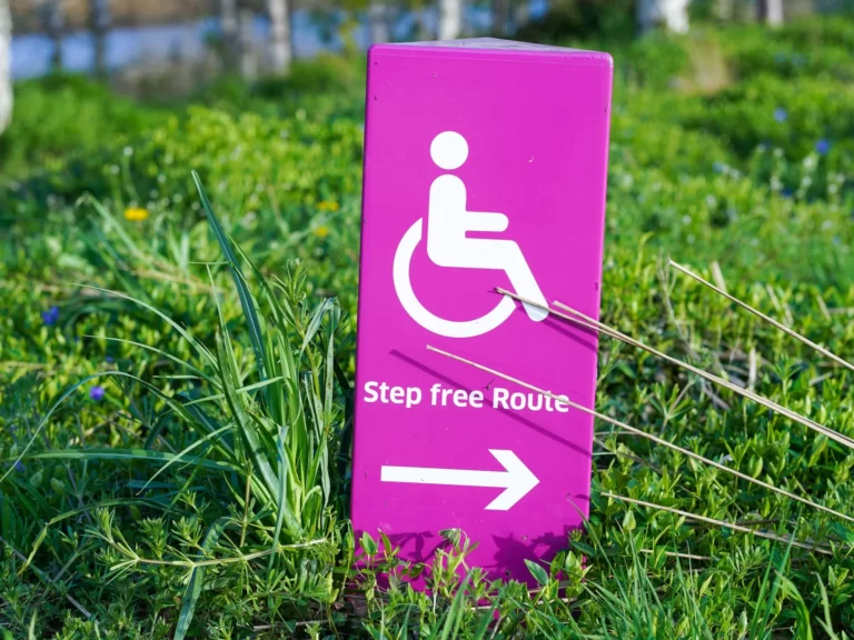 A pink lawn sign with a white pictogram of a person in a wheelchair. The sign reads "Step free route".